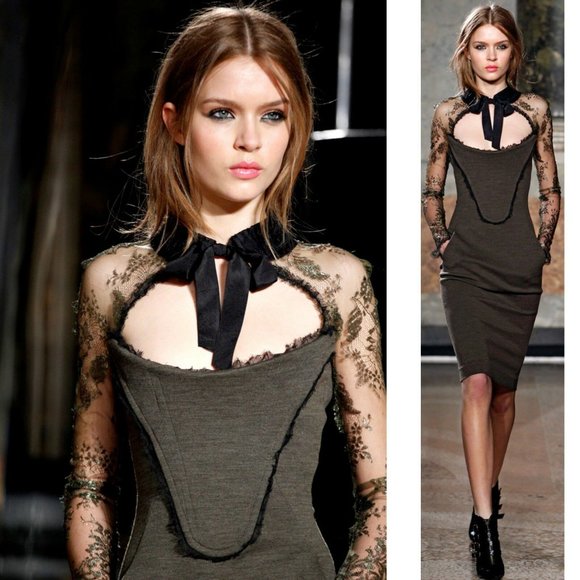 NEW Emilio Pucci Runway Lace Collar Sleeve Dress 42 8 Cocktail Olive Black Wool - Picture 1 of 10